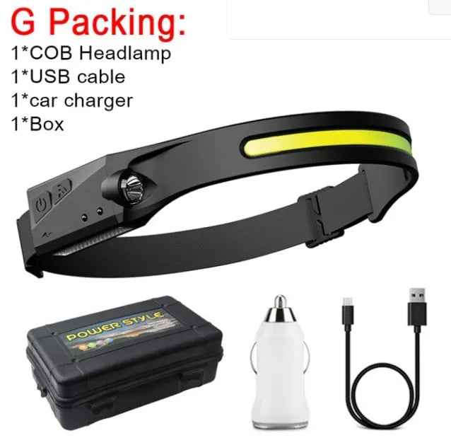 Black silicone induction charging LED light with strap, showing touch switch and compact size for fishing and running.