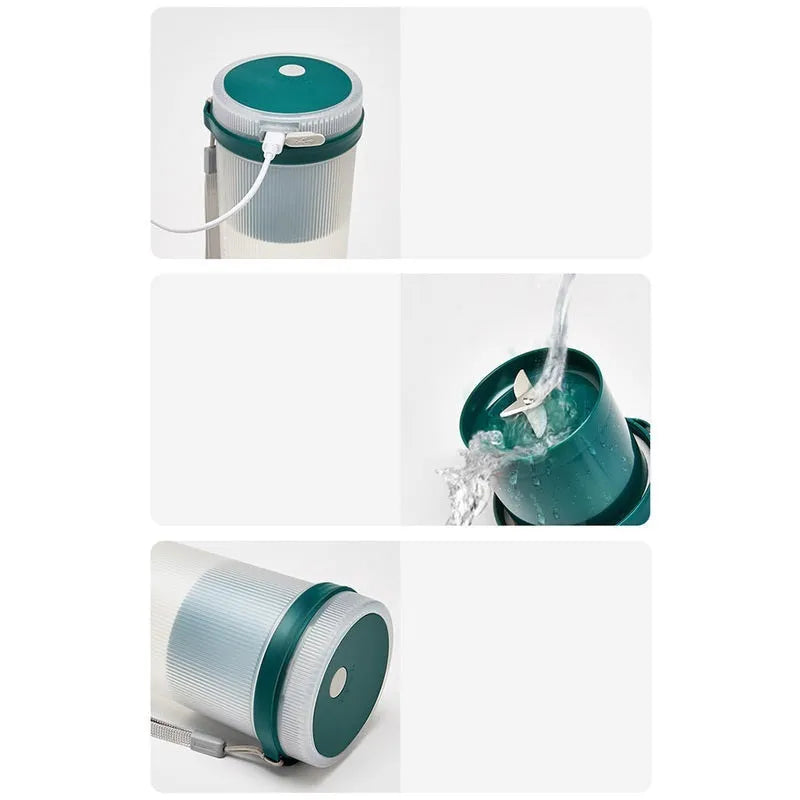 Portable pink electric juicer cup with USB charging cable on kitchen counter
