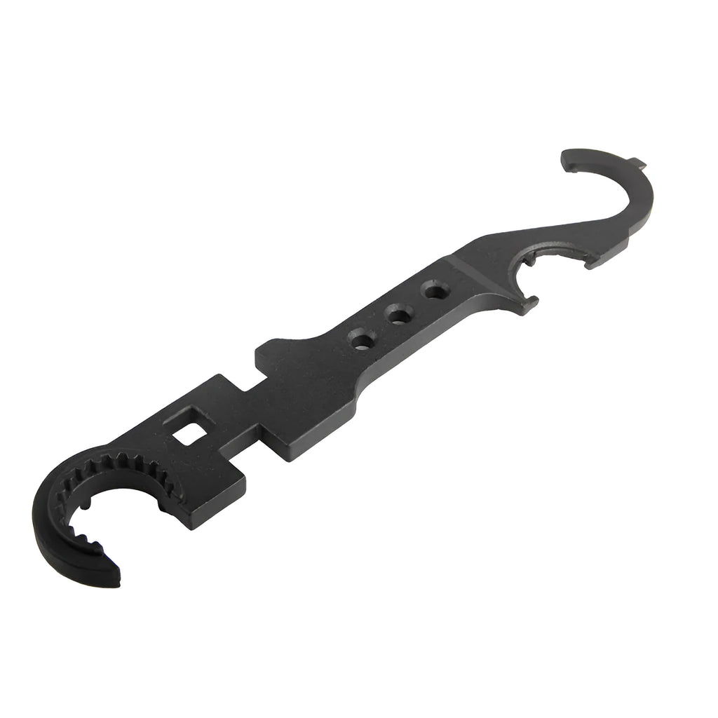 Black multi-function combination wrench for AR-15 and M4 rifles on a plain background.