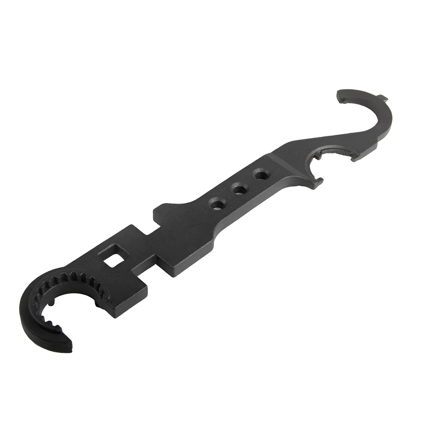 Black multi-function combination wrench for AR-15 and M4 rifles on a plain background.
