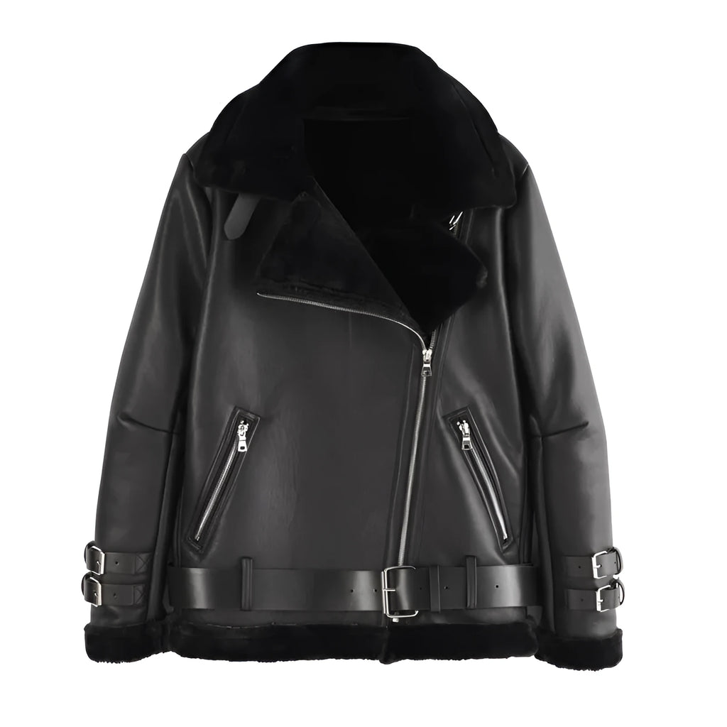 Black super short leather motorcycle jacket with stand collar, front view