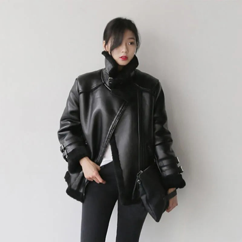 Black super short leather motorcycle jacket with stand collar, front view