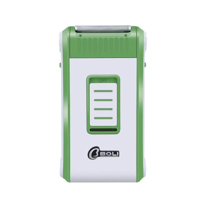 L2 rechargeable electric shaver with white ABS body and silver double-layer net head.