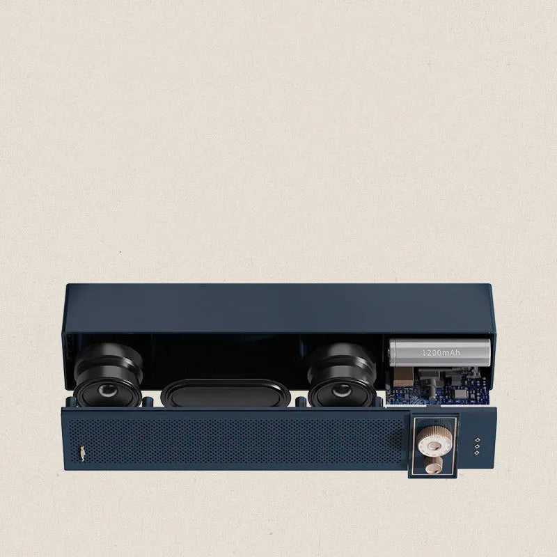 Blue retro-style portable Bluetooth speaker with buttons, showing compact design for wireless or TF/AUX music playback.