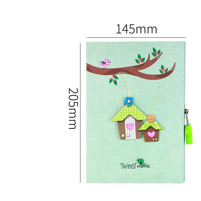 Children's lockable diary gift set in pink, blue, green, and orange, showing 32K notebook with security lock.