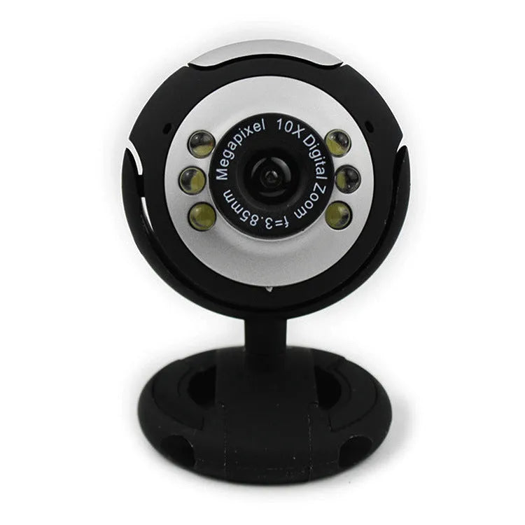 USB computer webcam with a ring of six white LED lights around the lens.