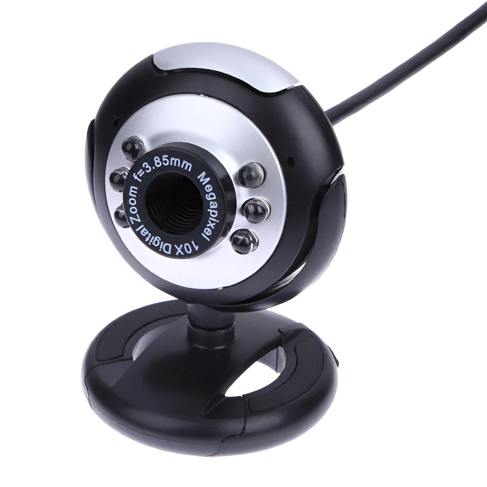 USB computer webcam with a ring of six white LED lights around the lens.