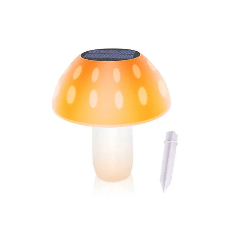 Solar-powered mushroom-shaped ground plug light for garden and lawn decoration.