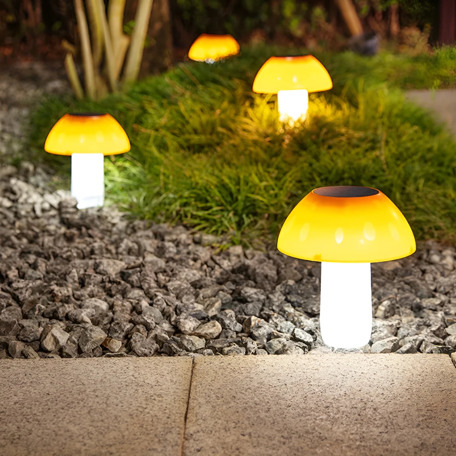 Solar-powered mushroom-shaped ground plug light for garden and lawn decoration.
