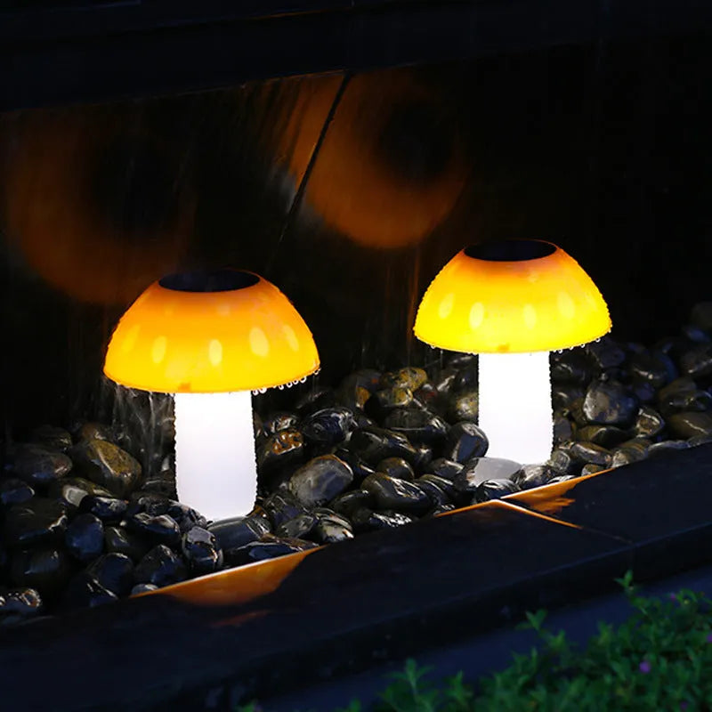 Solar-powered mushroom-shaped ground plug light for garden and lawn decoration.
