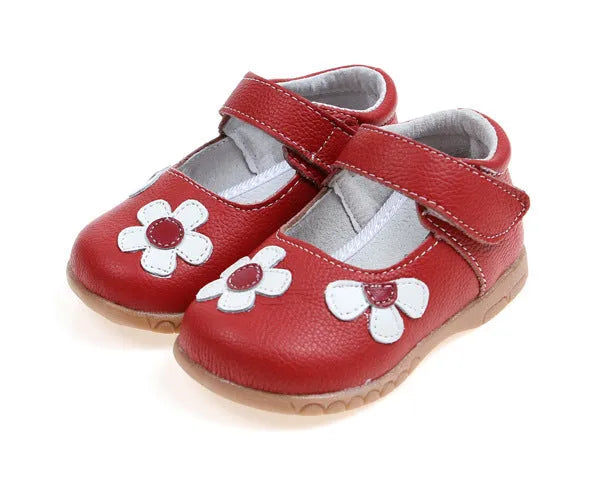Korean princess style leather shoes for children with velcro strap and embroidered detail