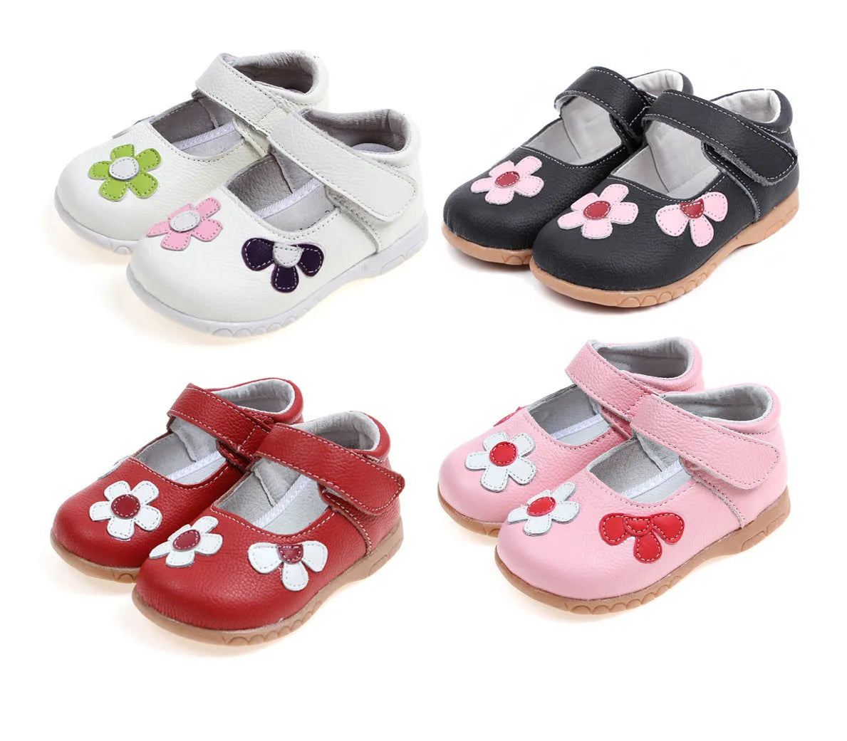 Korean princess style leather shoes for children with velcro strap and embroidered detail