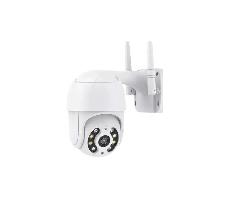 Wireless white PTZ surveillance camera ball machine with dual antennas on ceiling mount