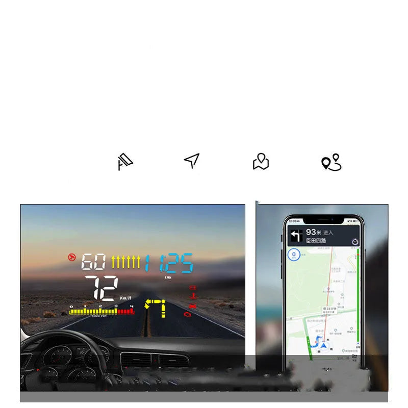 Black OBD head-up display for GM cars with 3.5-inch LED screen showing speed and navigation projection