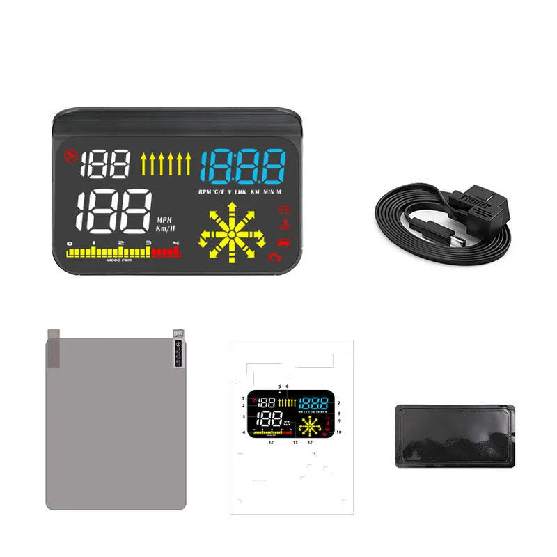 Black OBD head-up display for GM cars with 3.5-inch LED screen showing speed and navigation projection