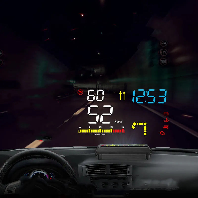 Black OBD head-up display for GM cars with 3.5-inch LED screen showing speed and navigation projection