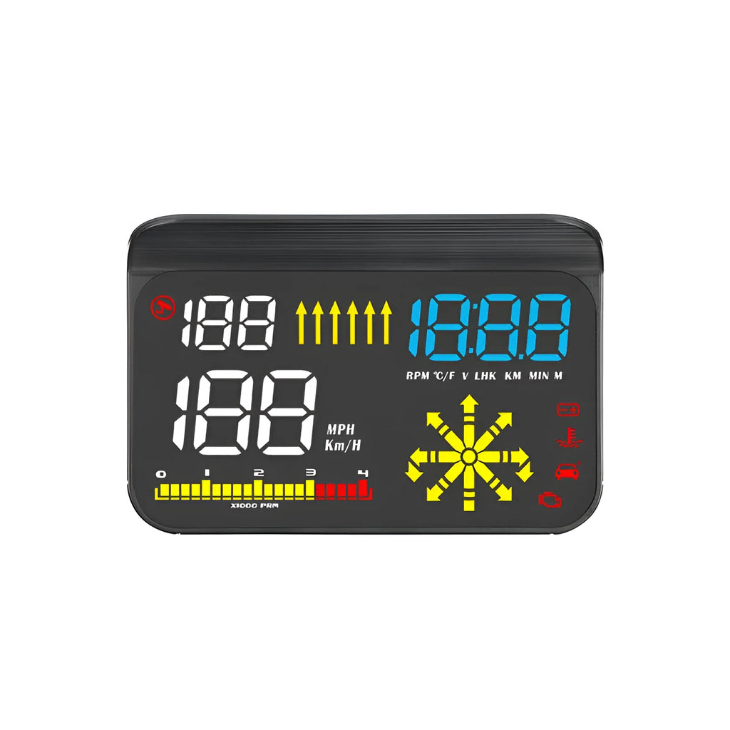 Black OBD head-up display for GM cars with 3.5-inch LED screen showing speed and navigation projection
