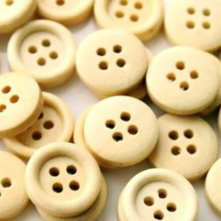 Round natural wood Bakelite button with concave flower design in photo colour