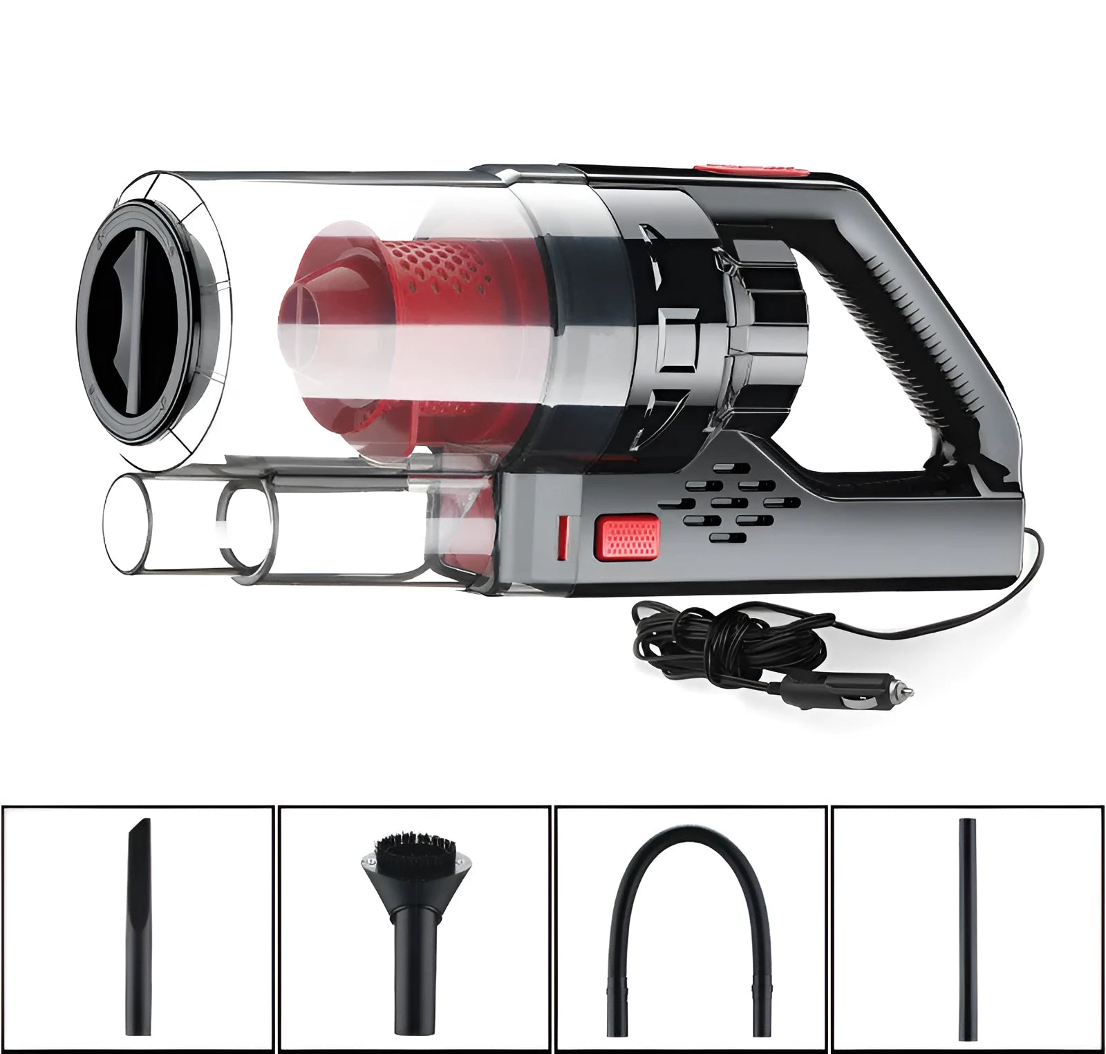 Portable 12V car vacuum cleaner with 6000 mbar suction in black and red colour for interior cleaning