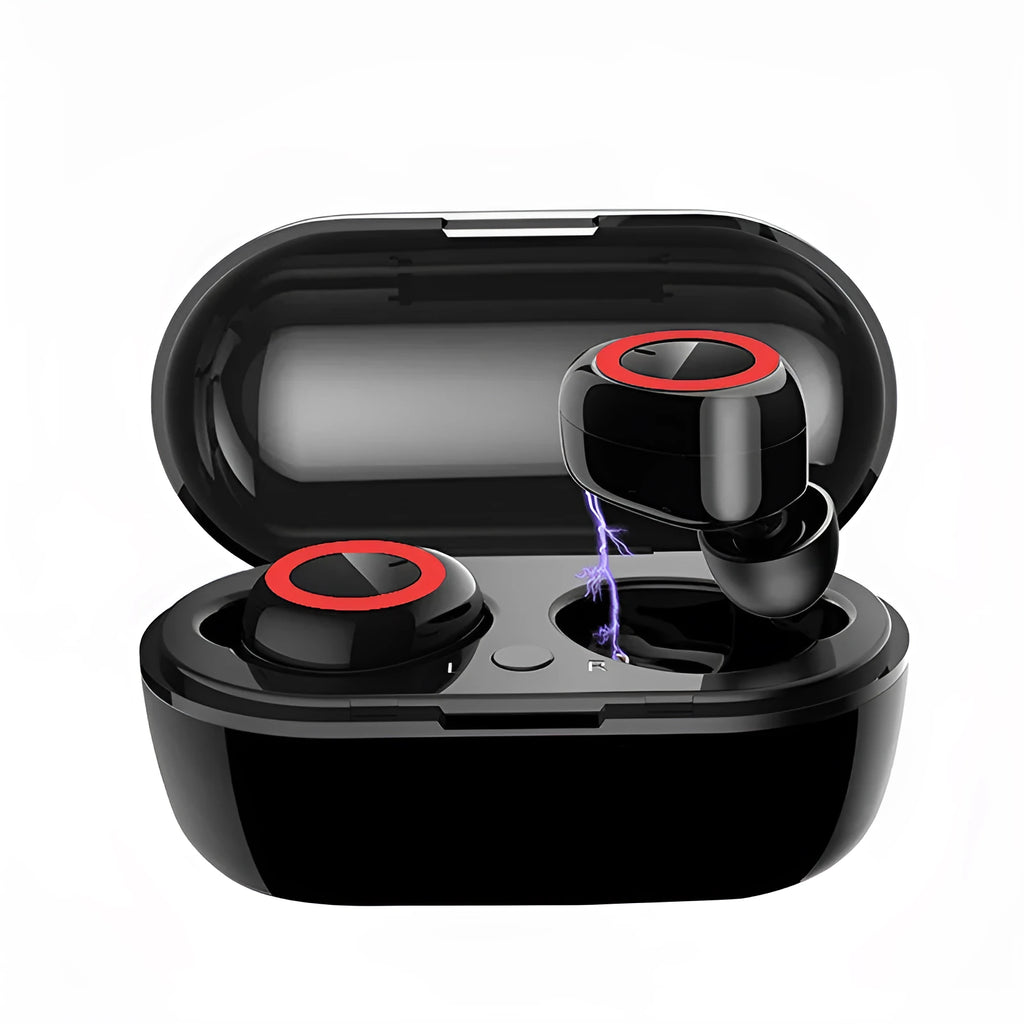 Wireless Bluetooth earbuds in black and red colour option, showing in-ear design.
