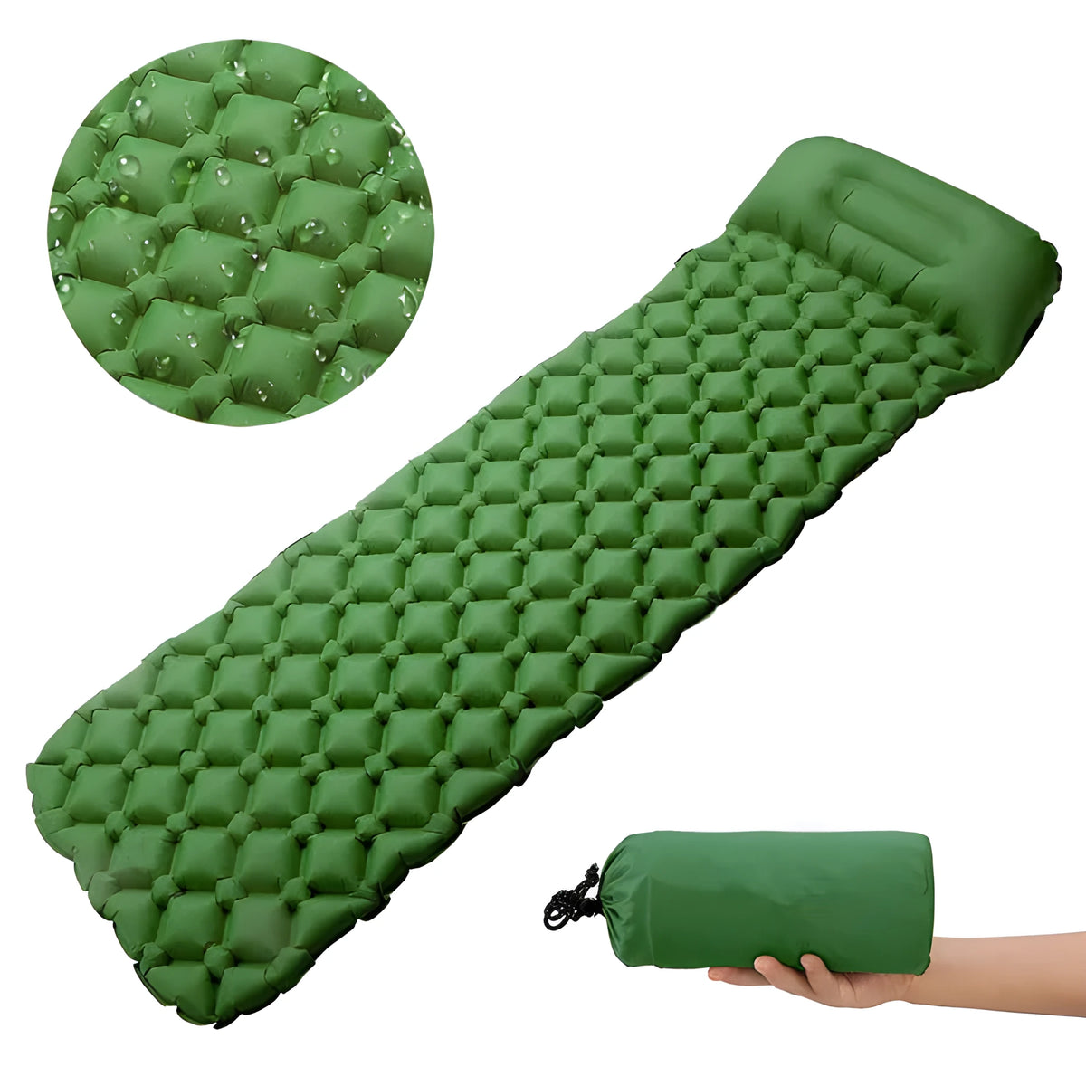 TPU outdoor inflatable cushion in blue, inflated on grass, 190x56x5.5cm, waterproof camping mat