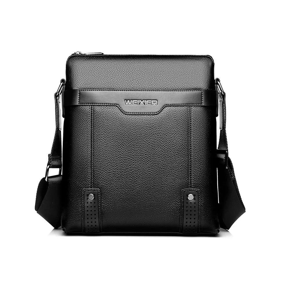 Black PU leather men's casual shoulder bag with square shape and zipper