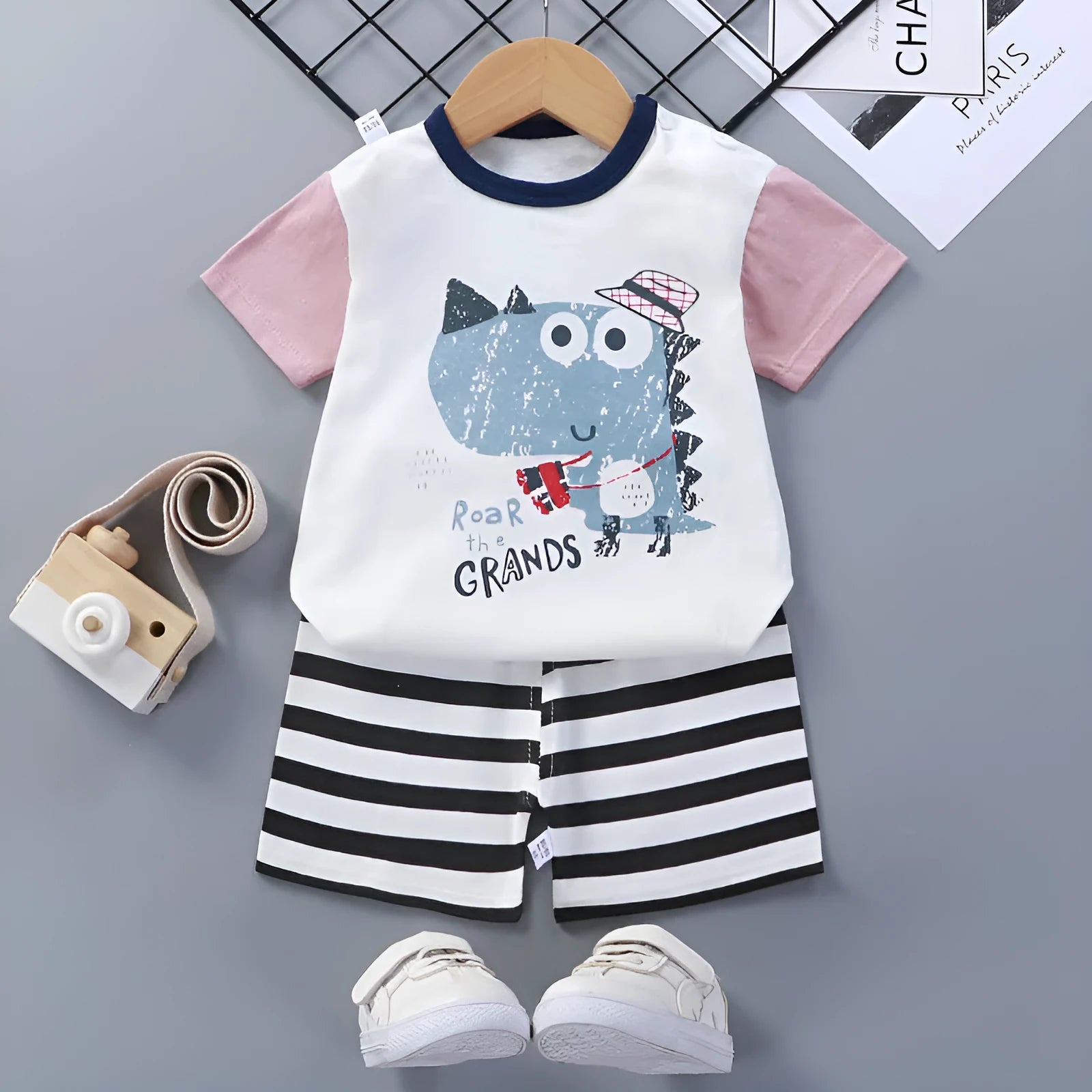 Children's cotton short-sleeved suit with shorts, enzyme wash finish, plain colour, multiple size options