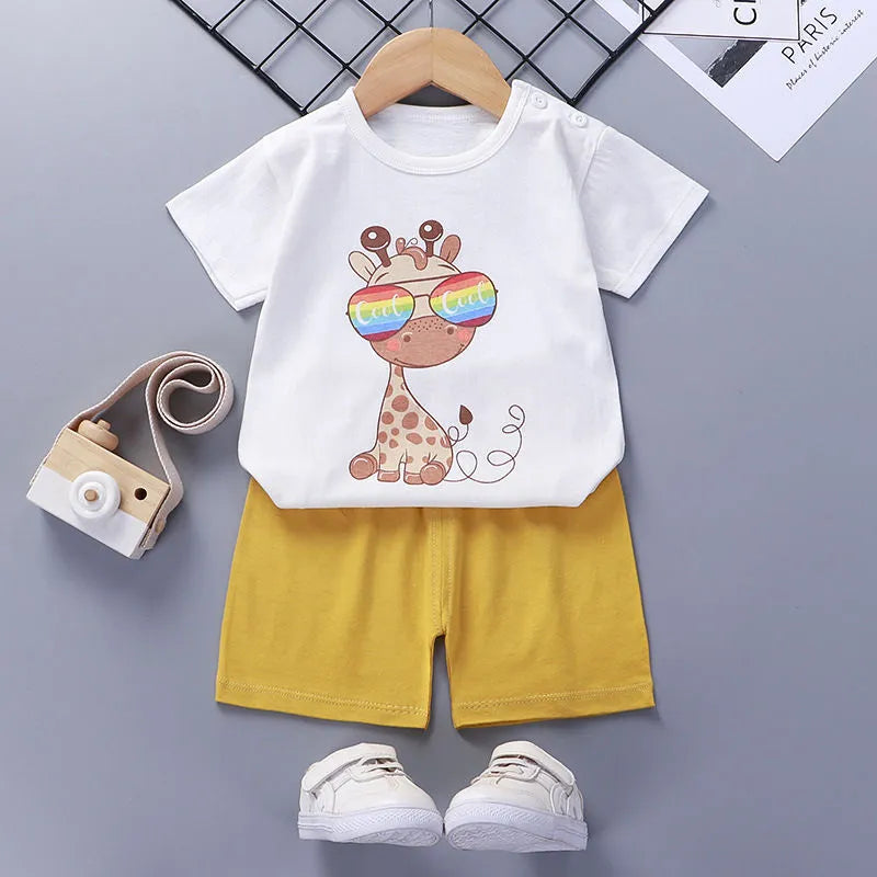 Children's cotton short-sleeved suit with shorts, enzyme wash finish, plain colour, multiple size options