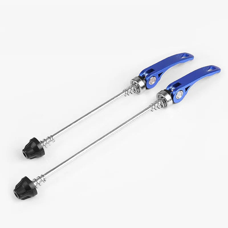 Bicycle quick release axle lever in multiple colours on a black background.