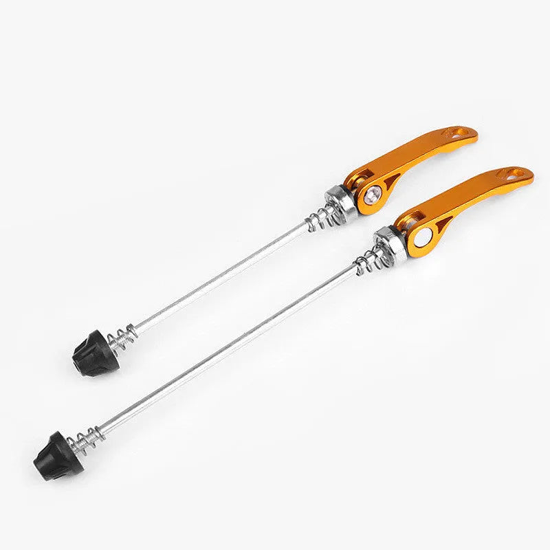 Bicycle quick release axle lever in multiple colours on a black background.