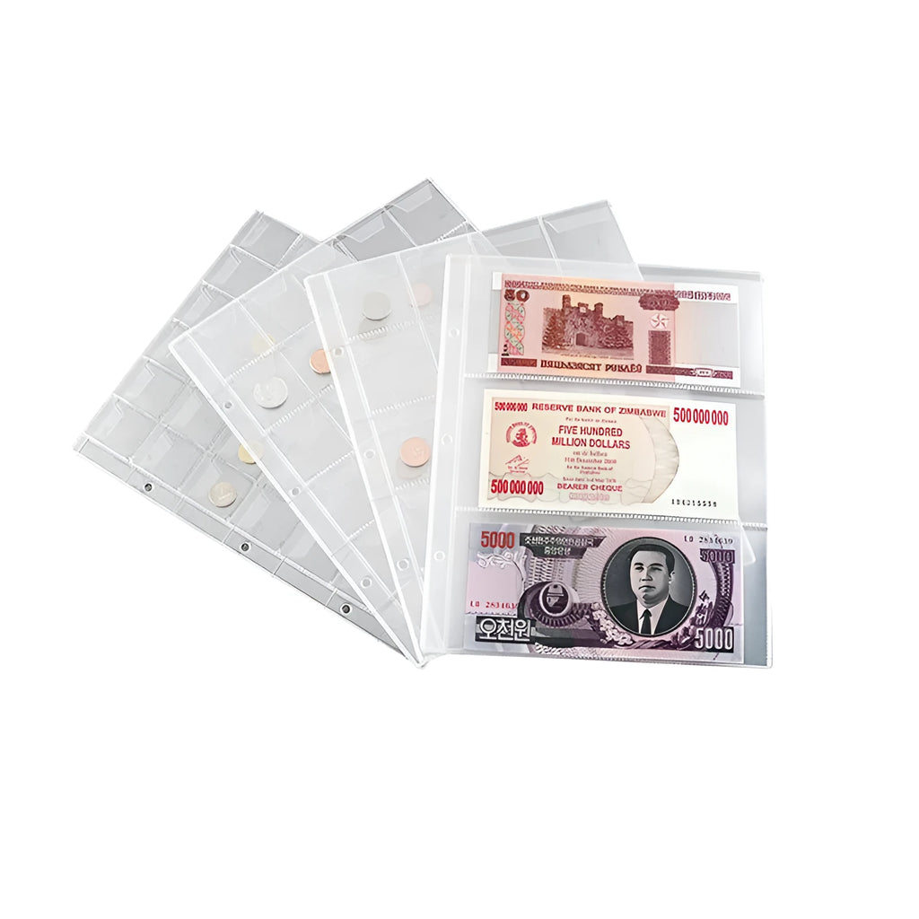 Transparent PVC coin collection loose leaf pages with 252x200mm pockets for commemorative coins
