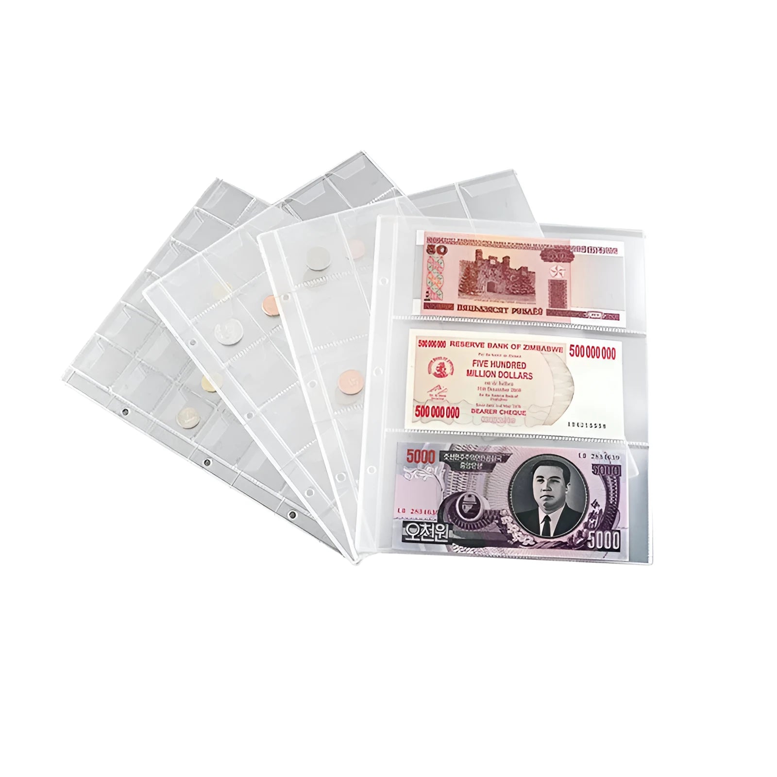 Transparent PVC coin collection loose leaf pages with 252x200mm pockets for commemorative coins