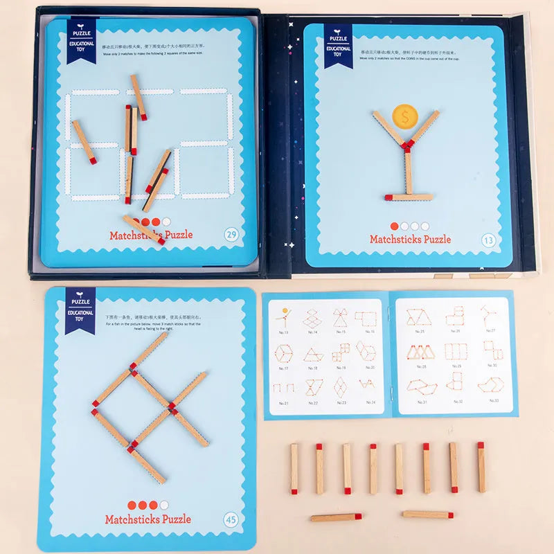 Montessori wooden educational toy with question cards and match-stick spelling area for children's cognitive development