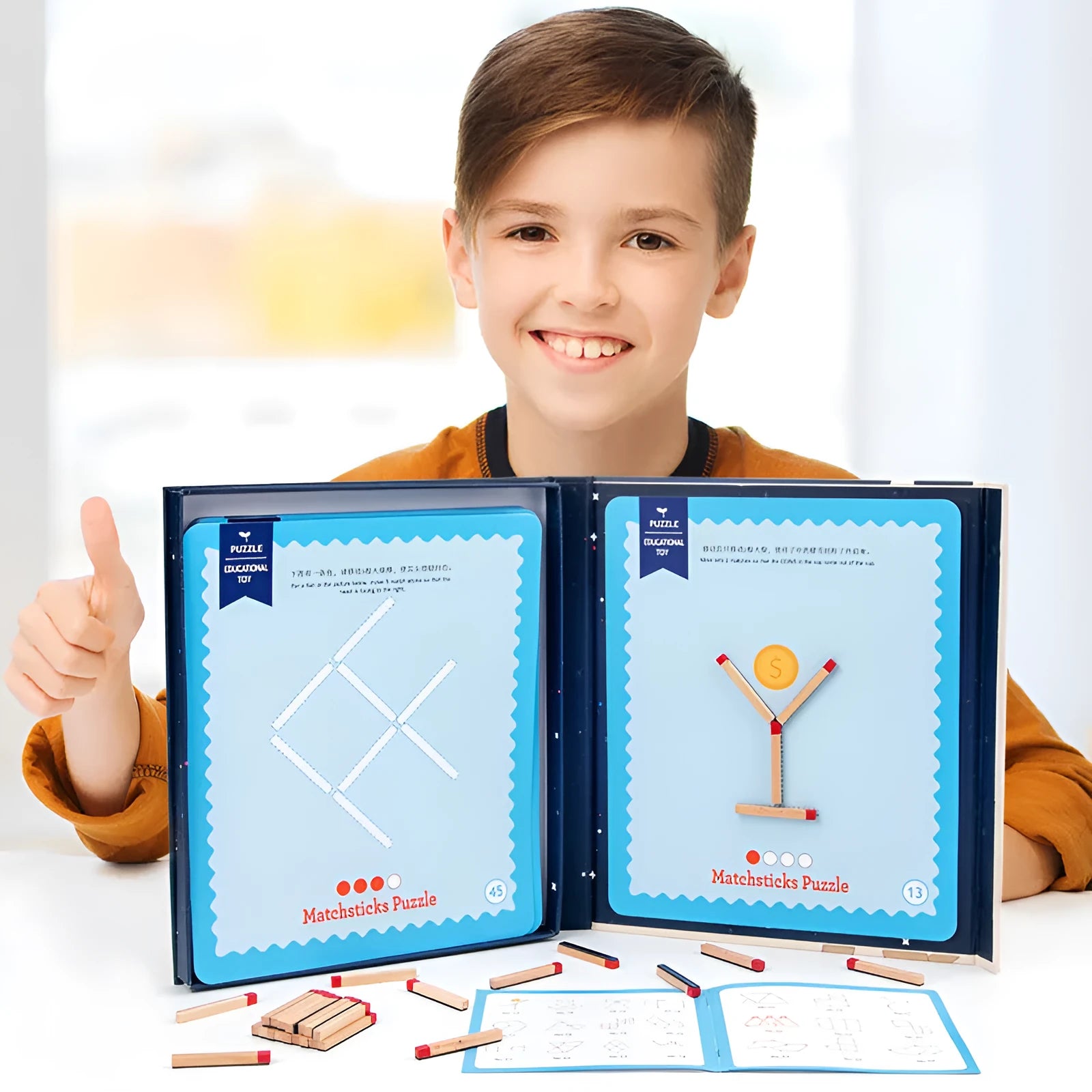 Montessori wooden educational toy with question cards and match-stick spelling area for children's cognitive development