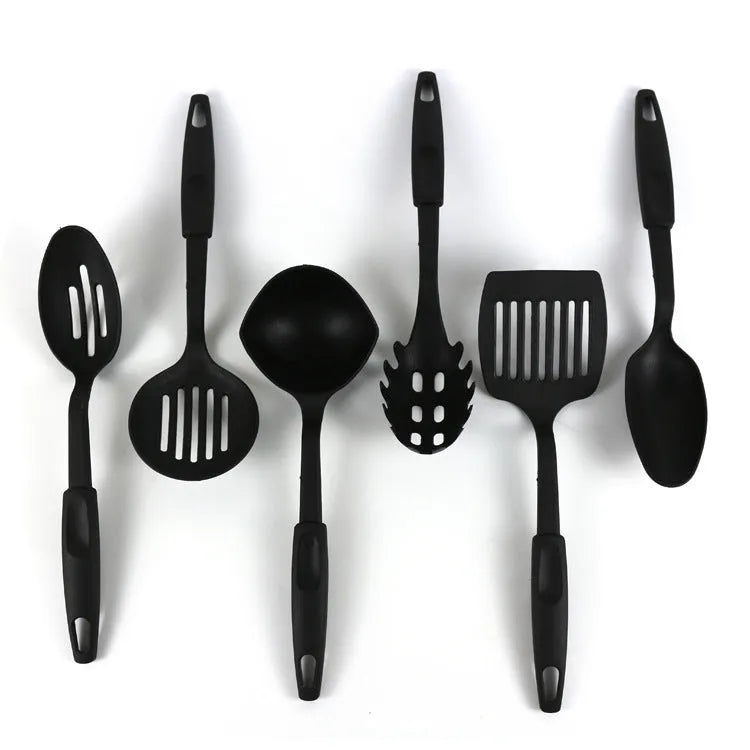Black rubber kitchen utensil set with shovel spoons for non-stick cookware