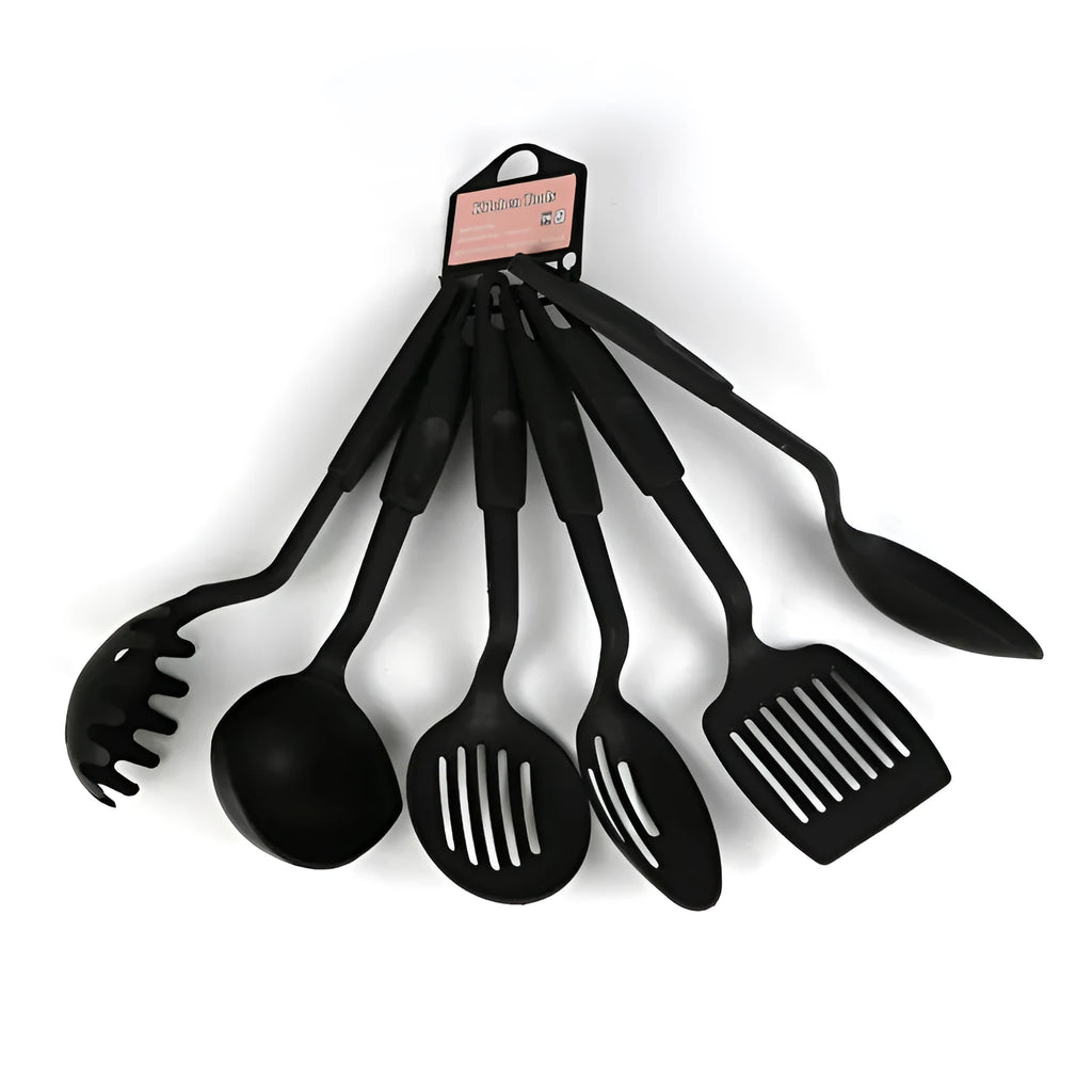 Black rubber kitchen utensil set with shovel spoons for non-stick cookware