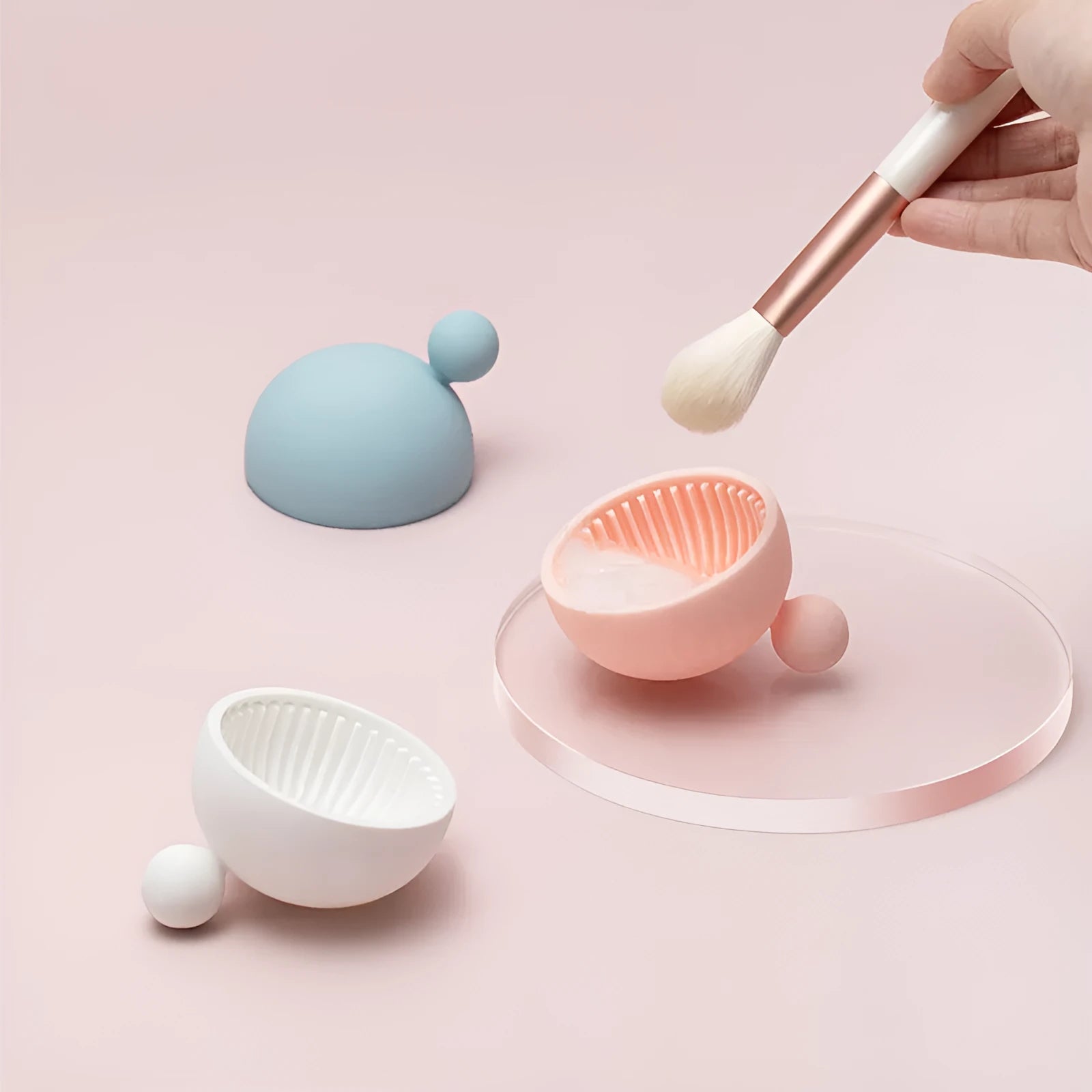 Small ball silicone makeup brush cleaner scrubbing tray in blue white pink colours