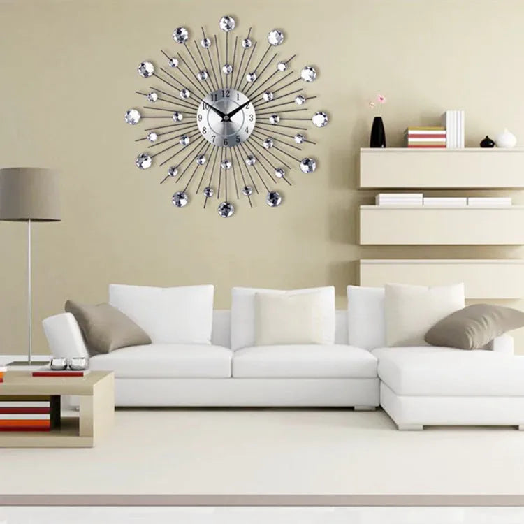 Large 33cm silver round wall clock with aluminium dial and metal frame on wall