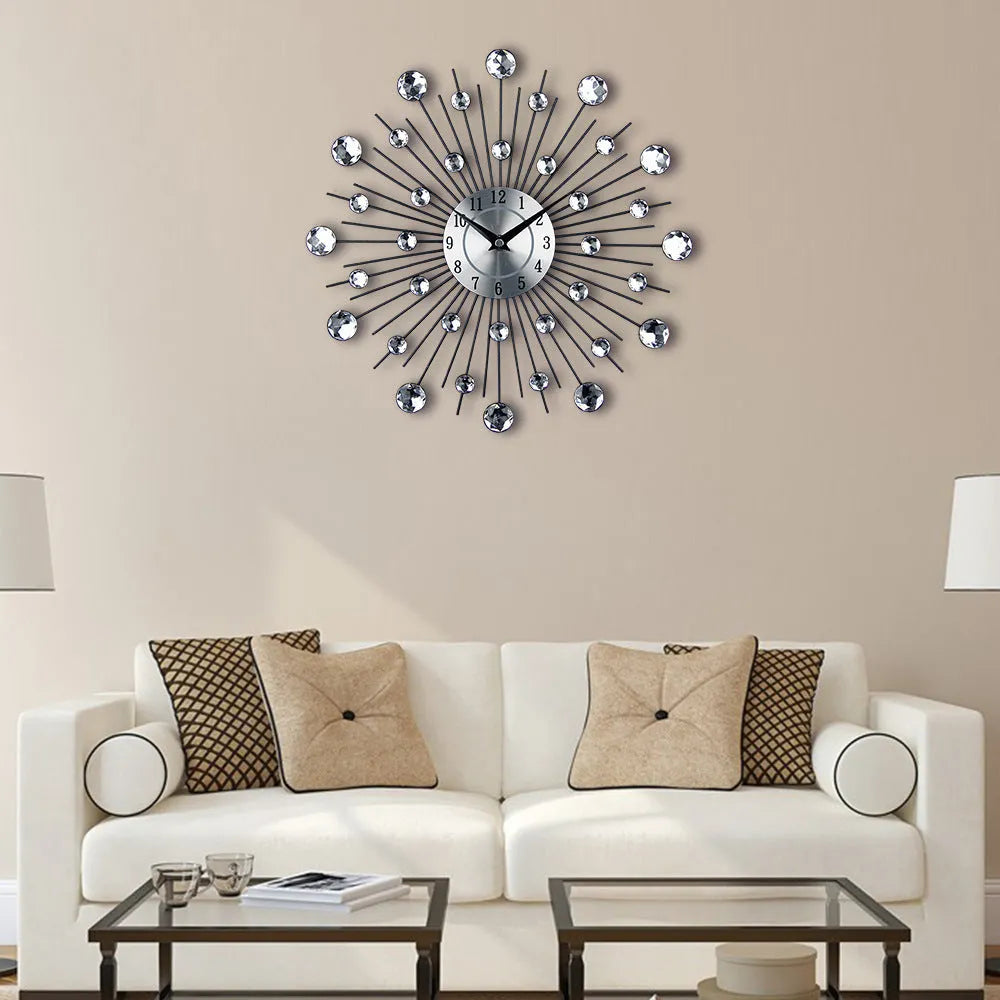 Large 33cm silver round wall clock with aluminium dial and metal frame on wall