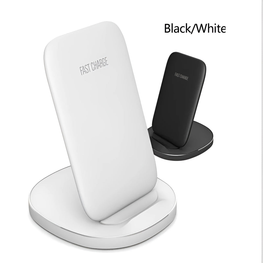 Vertical wireless charging dock in black colour charging smartphone upright on desk