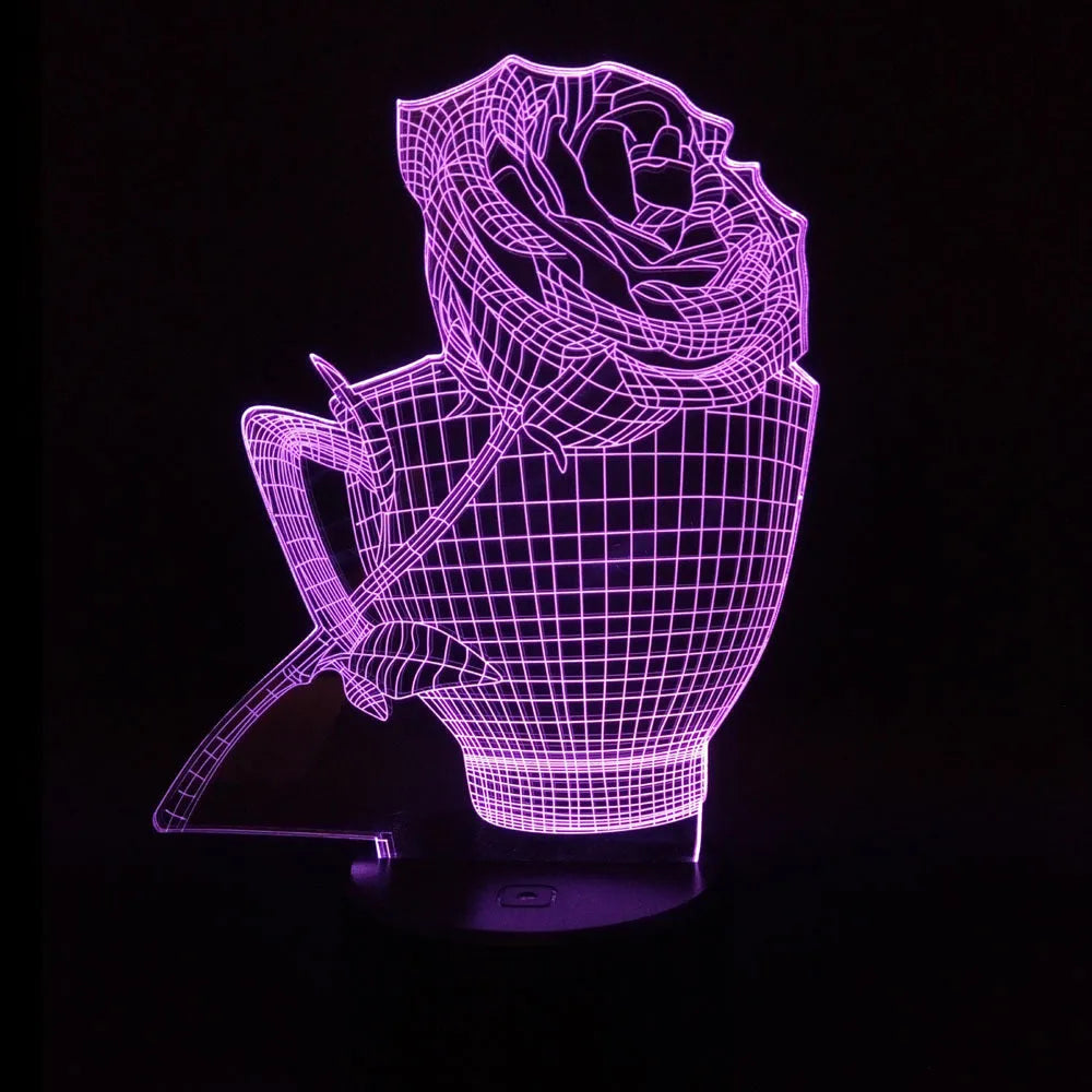 3D rose flower design night light with colour-changing LEDs on a black ABS base.