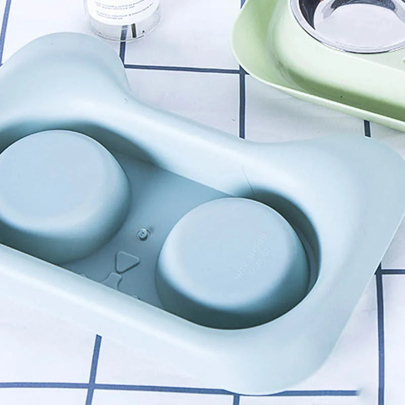 Pet stainless steel drinking water and feeding bowl set with pink PP tray