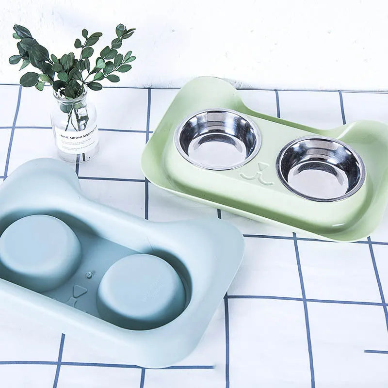 Pet stainless steel drinking water and feeding bowl set with pink PP tray