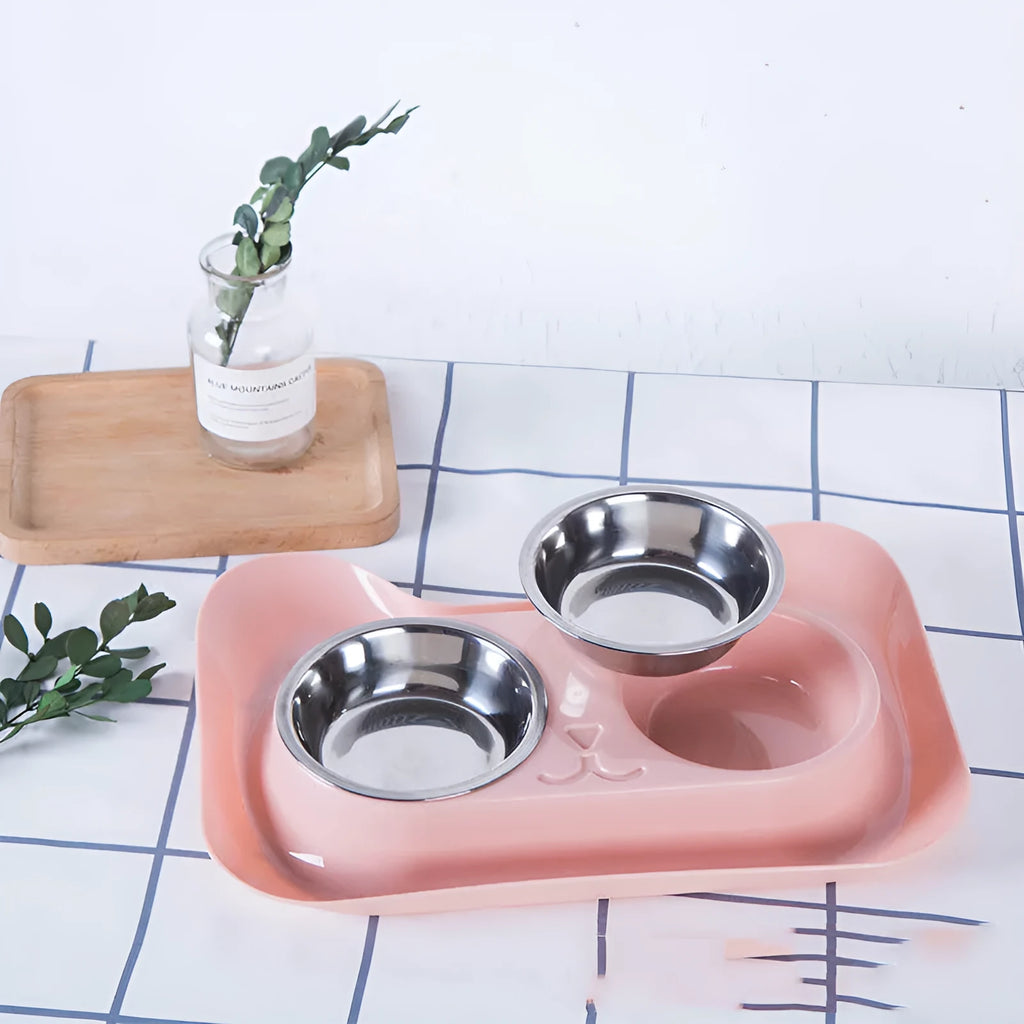 Pet stainless steel drinking water and feeding bowl set with pink PP tray