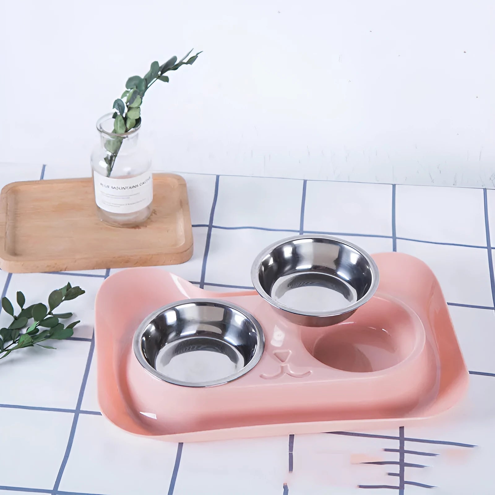 Pet stainless steel drinking water and feeding bowl set with pink PP tray
