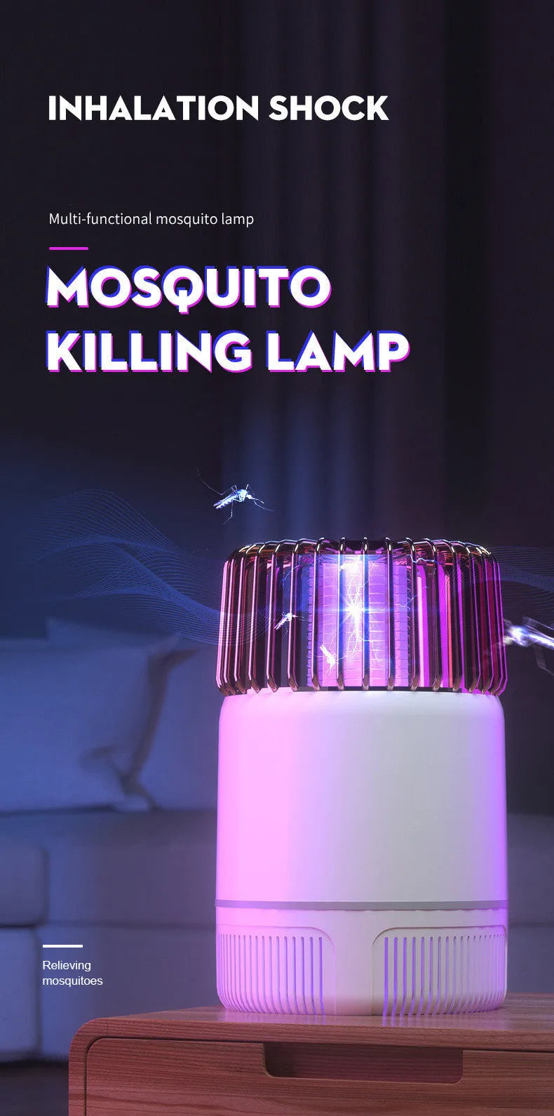 Electric mosquito killer lamp with photocatalyst, USB powered, 12x12x19.5cm, black or white, with 120cm cord