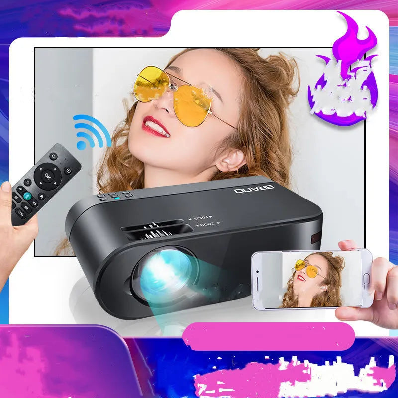 Compact portable WiFi projector for smartphones with remote control on a table.
