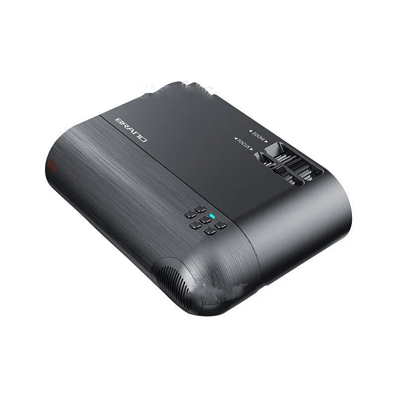 Compact portable WiFi projector for smartphones with remote control on a table.