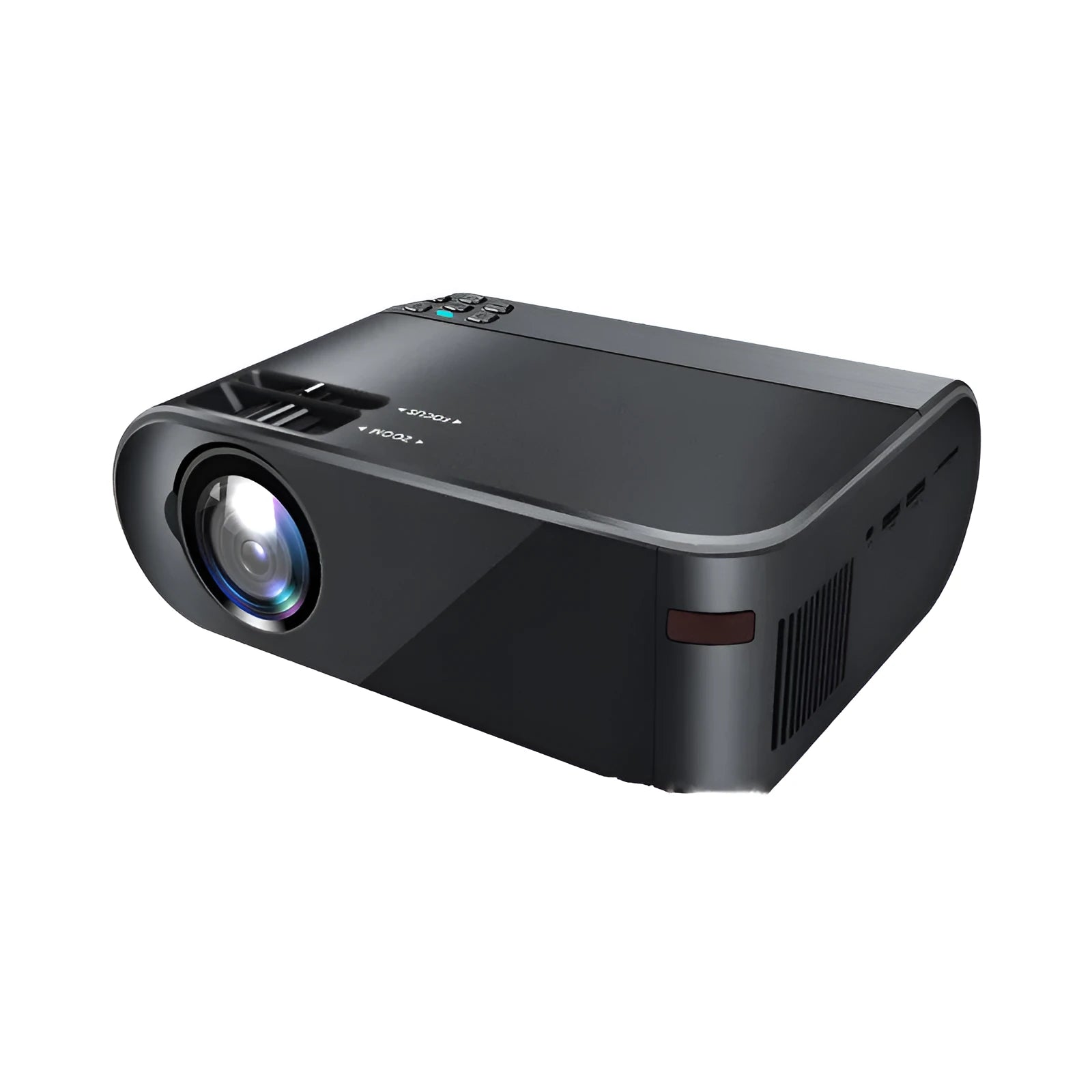 Compact portable WiFi projector for smartphones with remote control on a table.