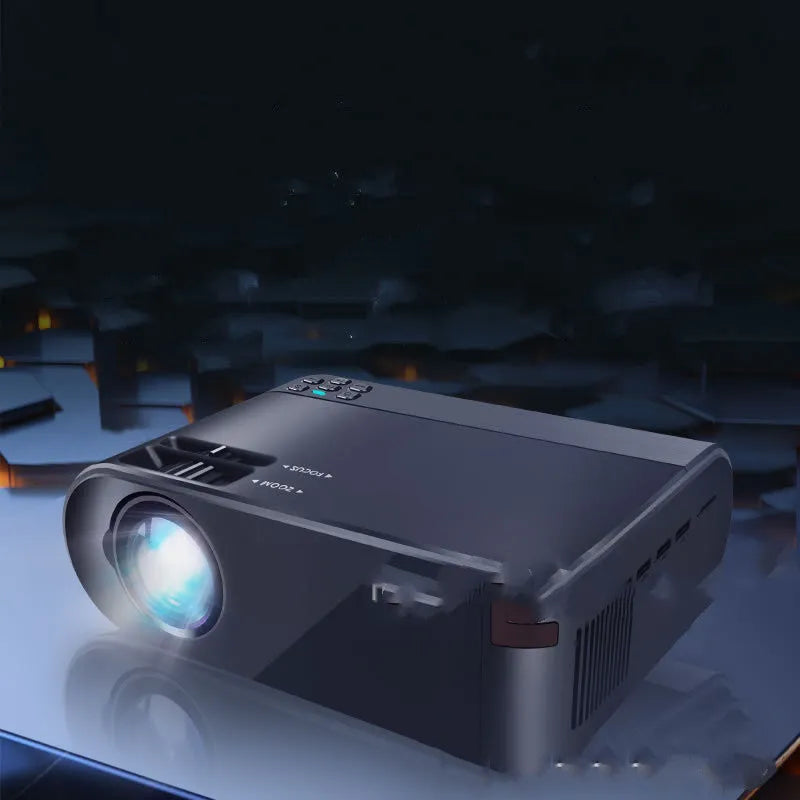 Compact portable WiFi projector for smartphones with remote control on a table.